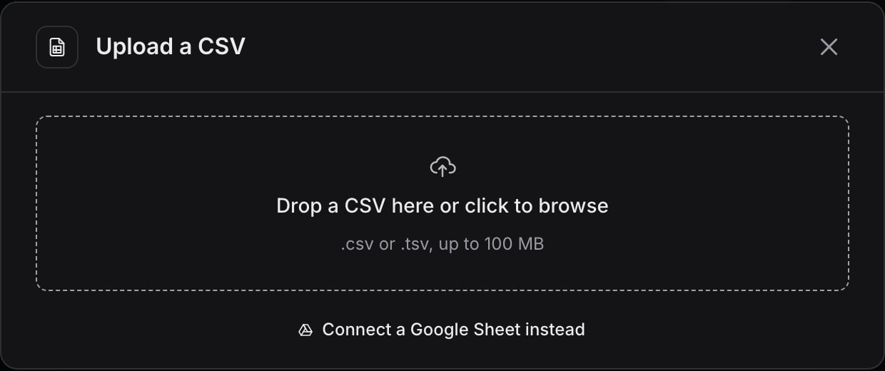 The Upload a CSV dialog with a drop area and a link to connect a Google Sheet instead