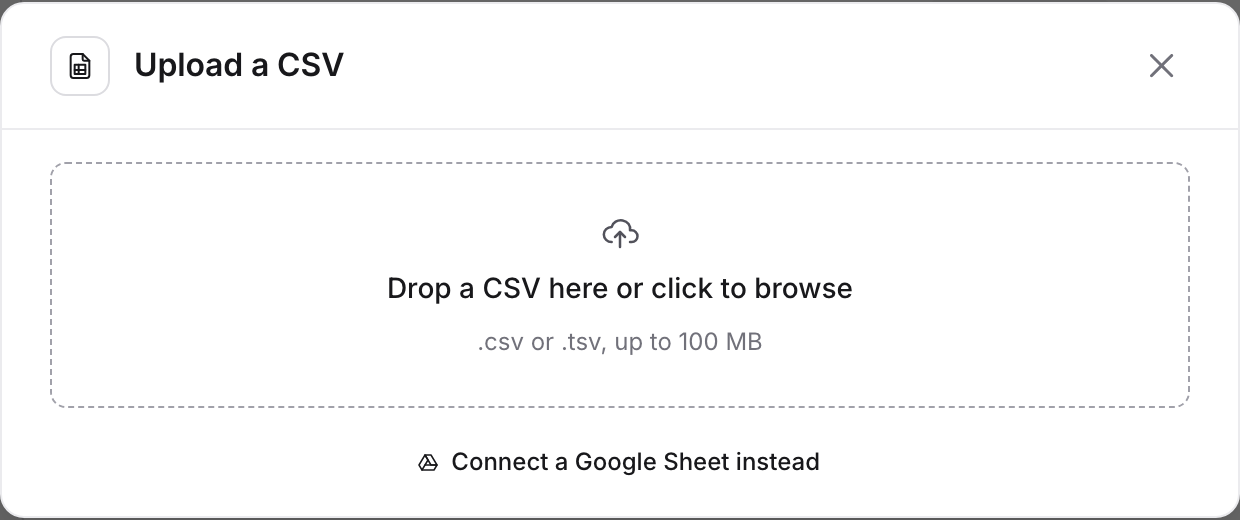 The Upload a CSV dialog with a drop area and a link to connect a Google Sheet instead