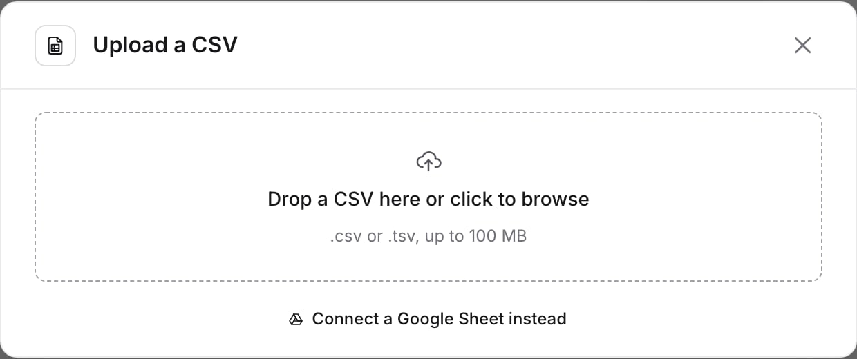 The Upload a CSV dialog with a drop area and a link to connect a Google Sheet instead