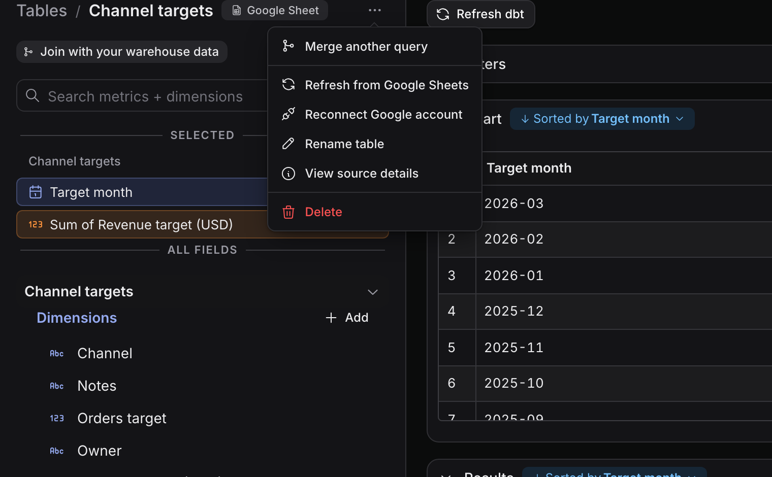 The source menu next to the Channel targets table name, listing Merge another query, Refresh from Google Sheets, Reconnect Google account, Rename table, View source details and Delete