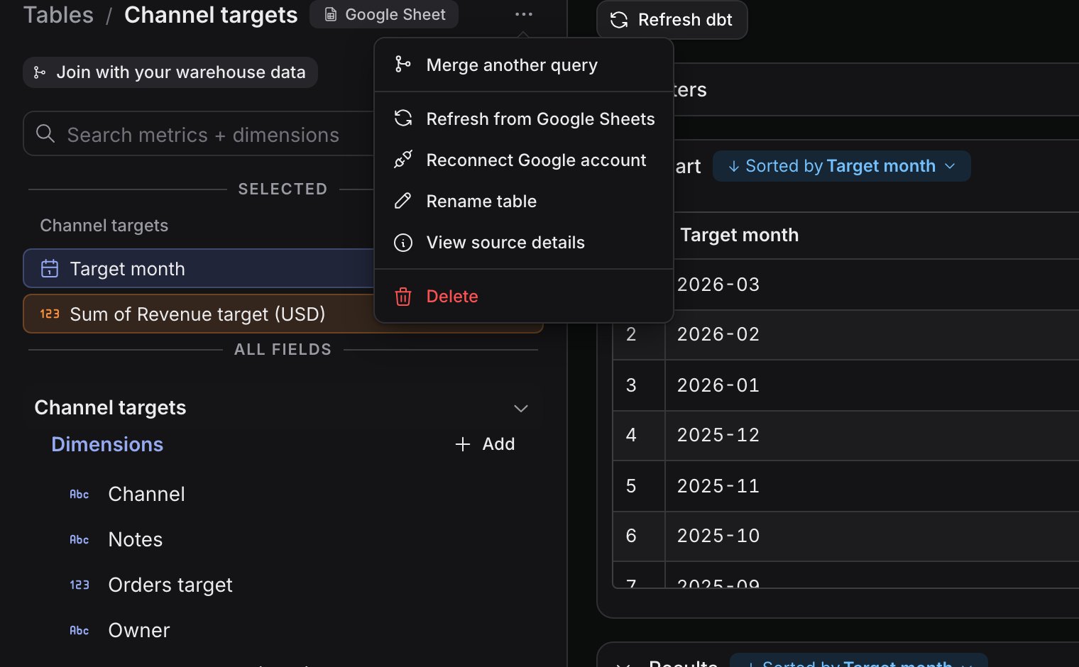 The source menu next to the Channel targets table name, listing Merge another query, Refresh from Google Sheets, Reconnect Google account, Rename table, View source details and Delete