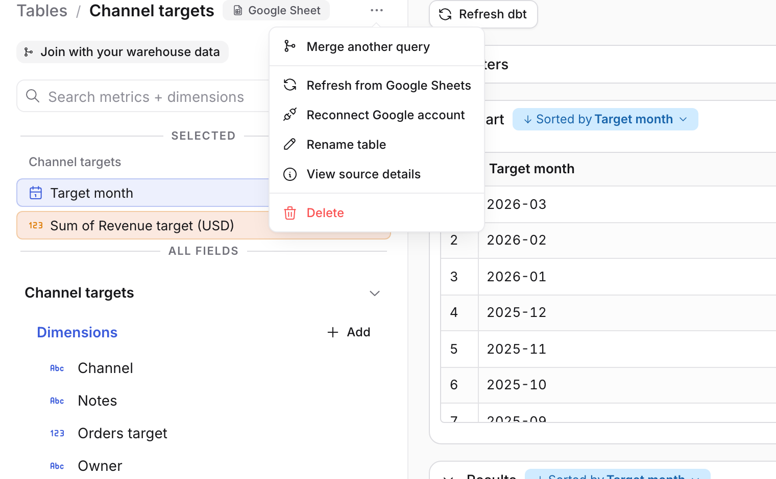 The source menu next to the Channel targets table name, listing Merge another query, Refresh from Google Sheets, Reconnect Google account, Rename table, View source details and Delete