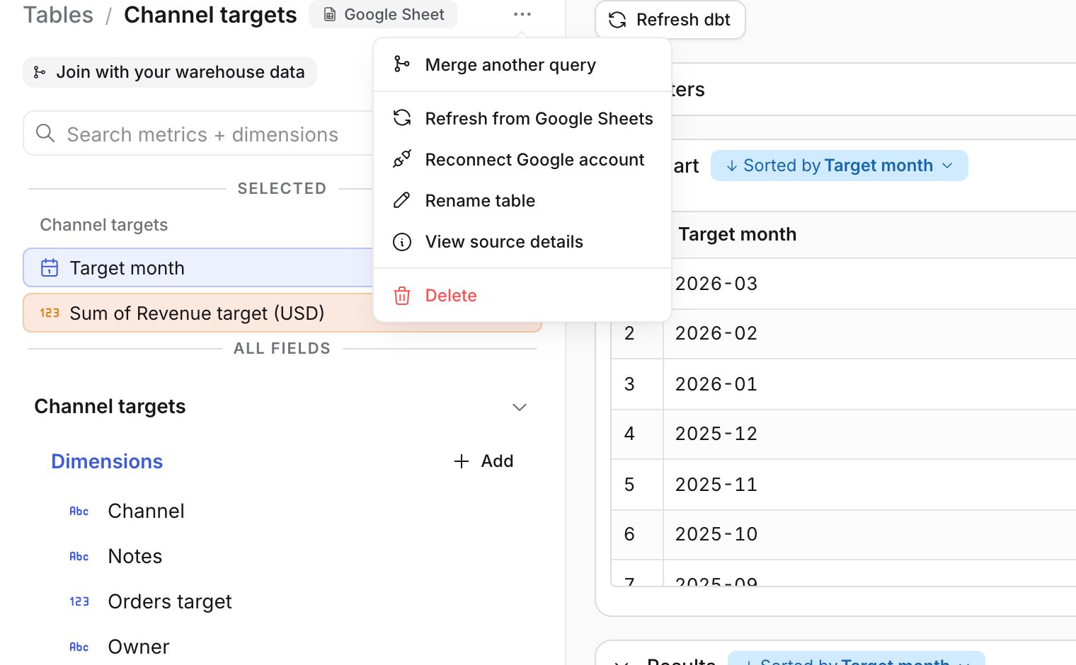 The source menu next to the Channel targets table name, listing Merge another query, Refresh from Google Sheets, Reconnect Google account, Rename table, View source details and Delete