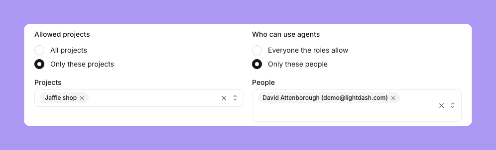 Allowed projects set to Only these projects with Jaffle shop selected, and Who can use agents set to Only these people with one person selected