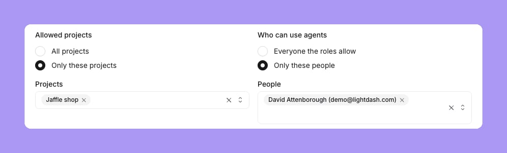 Allowed projects set to Only these projects with Jaffle shop selected, and Who can use agents set to Only these people with one person selected