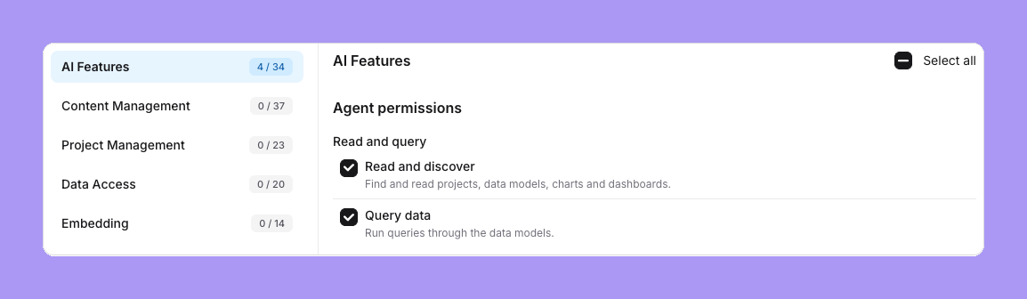 The custom role editor with the AI Features section open and the Agent permissions group, with Read and discover and Query data checked under Read and query