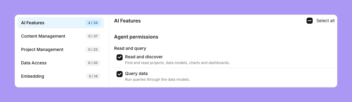 The custom role editor with the AI Features section open and the Agent permissions group, with Read and discover and Query data checked under Read and query