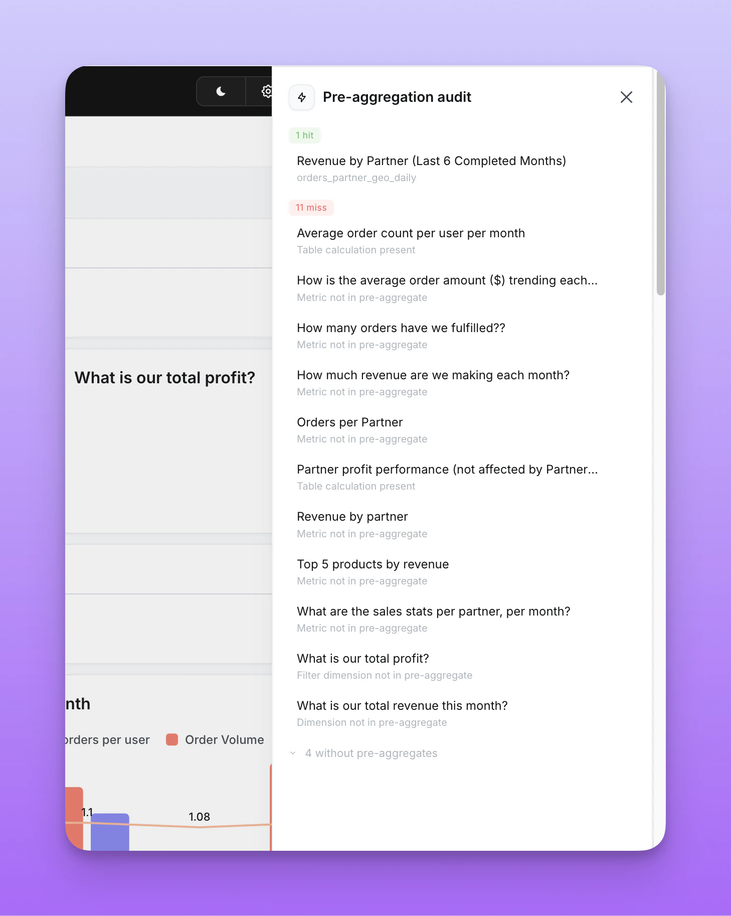 Pre-aggregate audit view for a dashboard