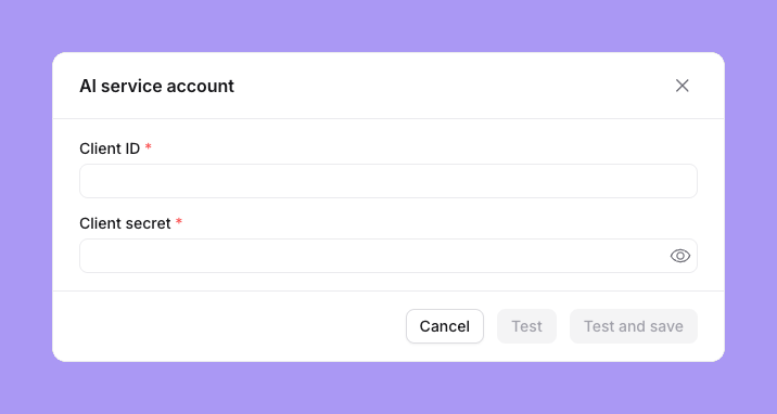 The shared agent account form with Client ID and Client secret fields and Cancel, Test and Test and save buttons