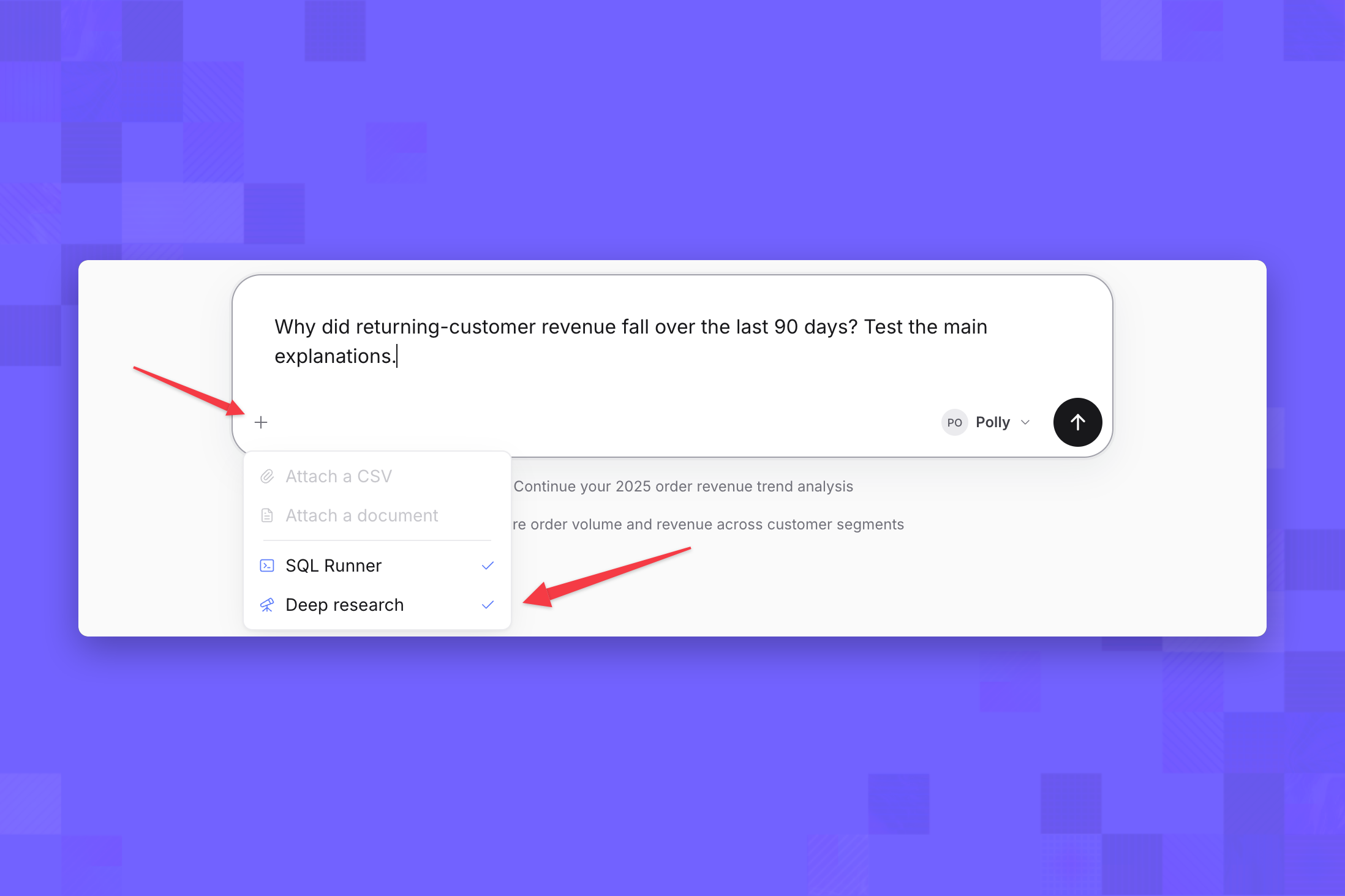 Ask AI composer with the options menu open and Deep research checked, with arrows pointing at the + button and the Deep research item