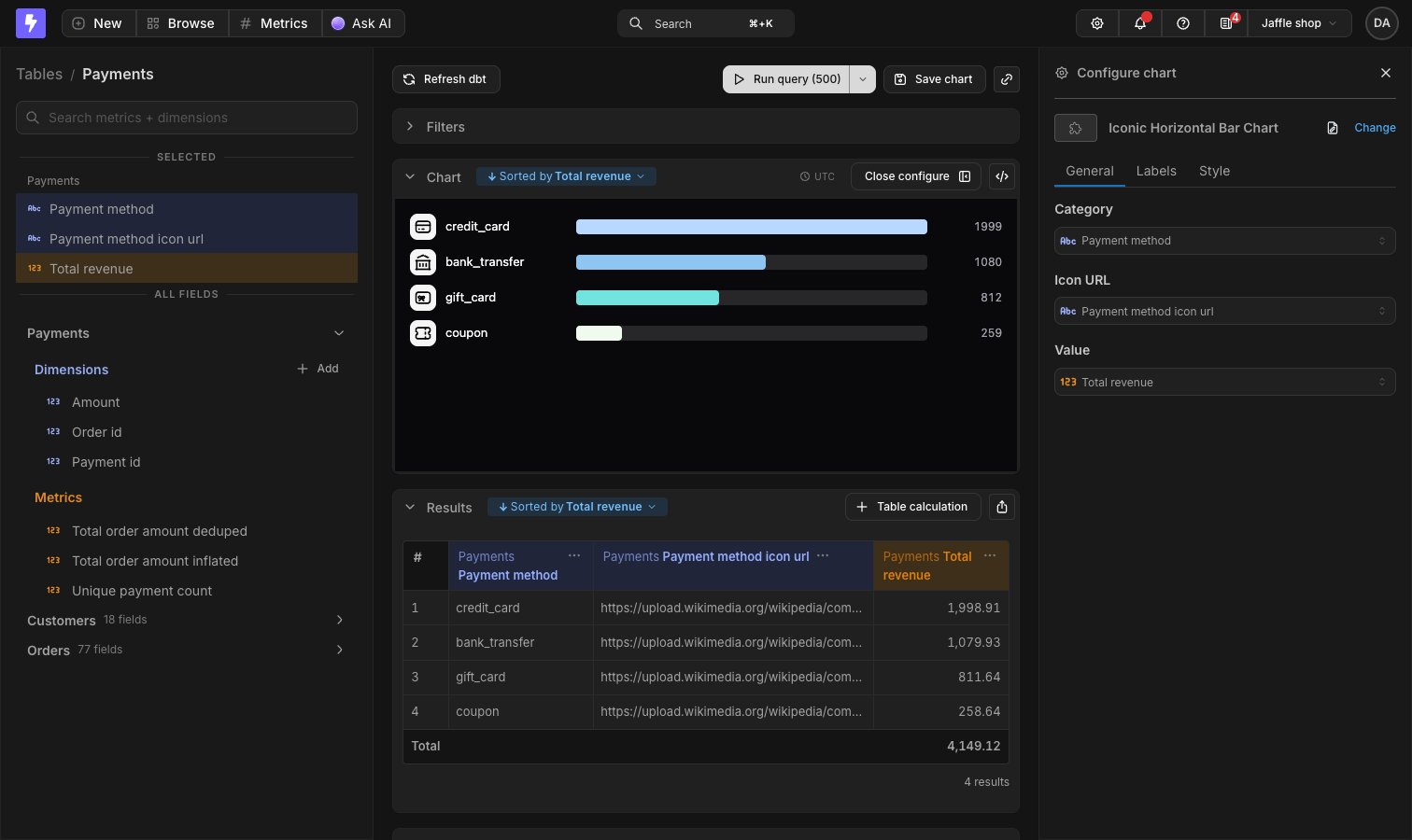 The Explorer showing the chart type with its inputs mapped to the query's fields and an icon rendering next to each category