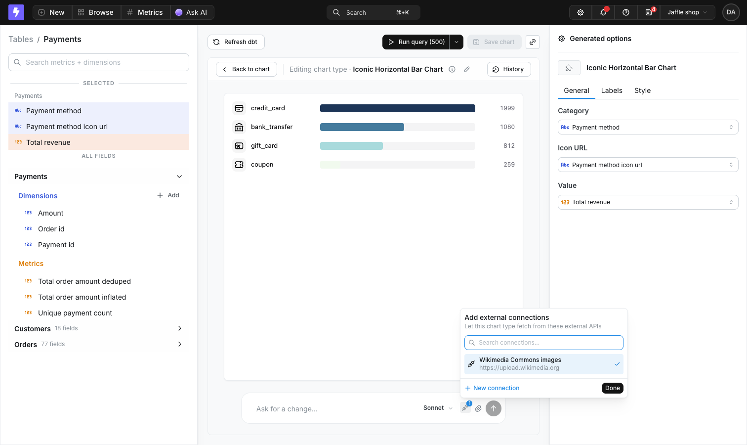 The chart type builder open in the Explorer, with the Add external connections picker showing a linked image host and the chart rendering an icon per bar