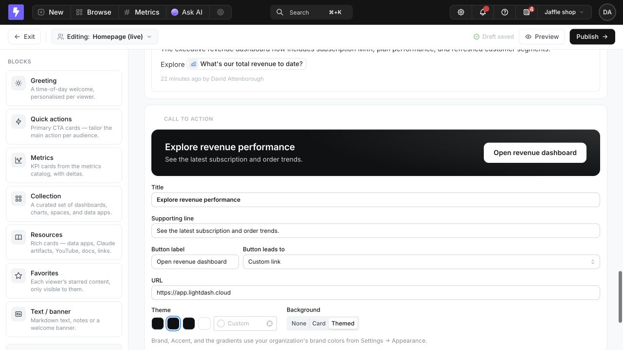The Homepage builder customizing a Call to action with a title, supporting line, button label, custom URL, accent theme, and themed background