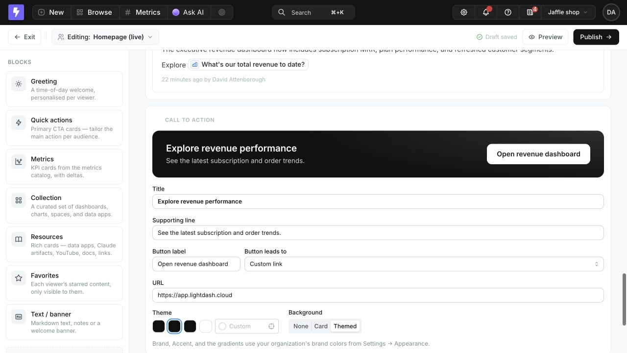 The Homepage builder customizing a Call to action with a title, supporting line, button label, custom URL, accent theme, and themed background