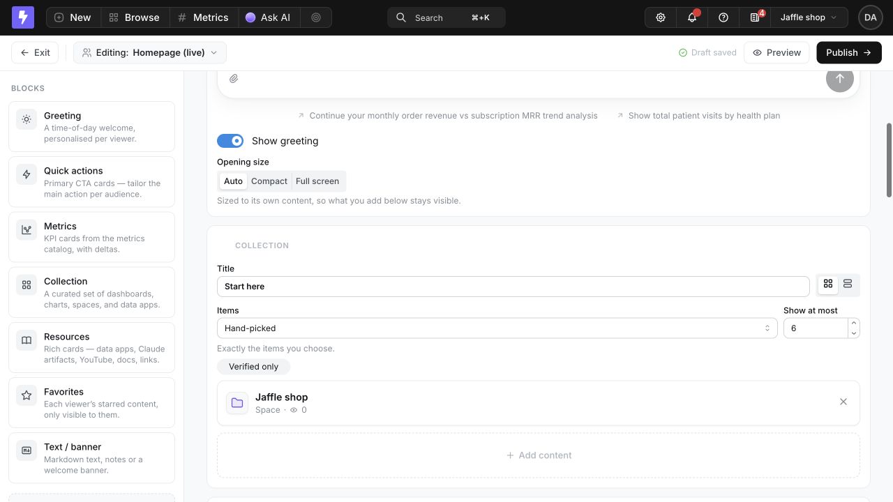 The Homepage builder configuring a hand-picked Start here Collection with card or list layout, an item limit, a verified-only filter, a selected Space, and an Add content control