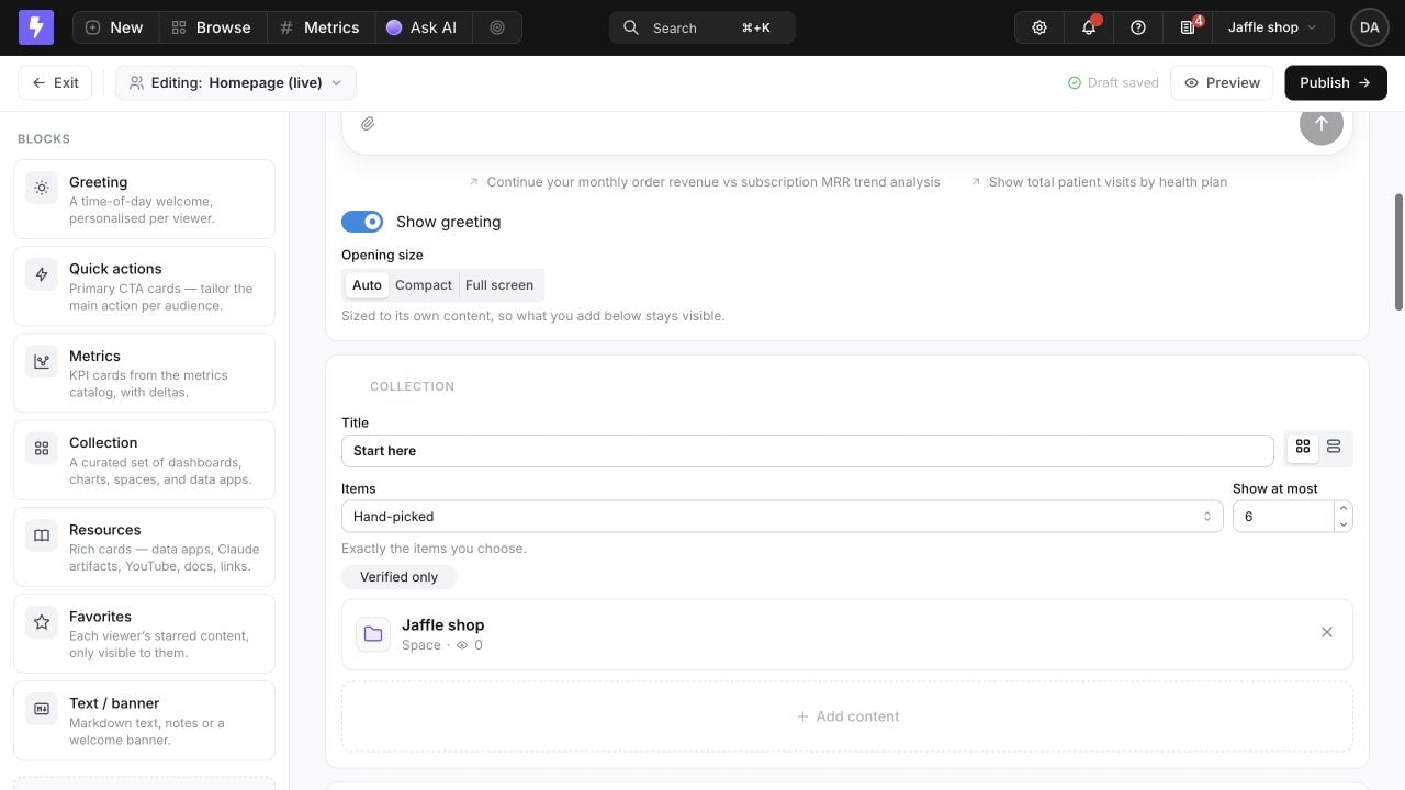 The Homepage builder configuring a hand-picked Start here Collection with card or list layout, an item limit, a verified-only filter, a selected Space, and an Add content control