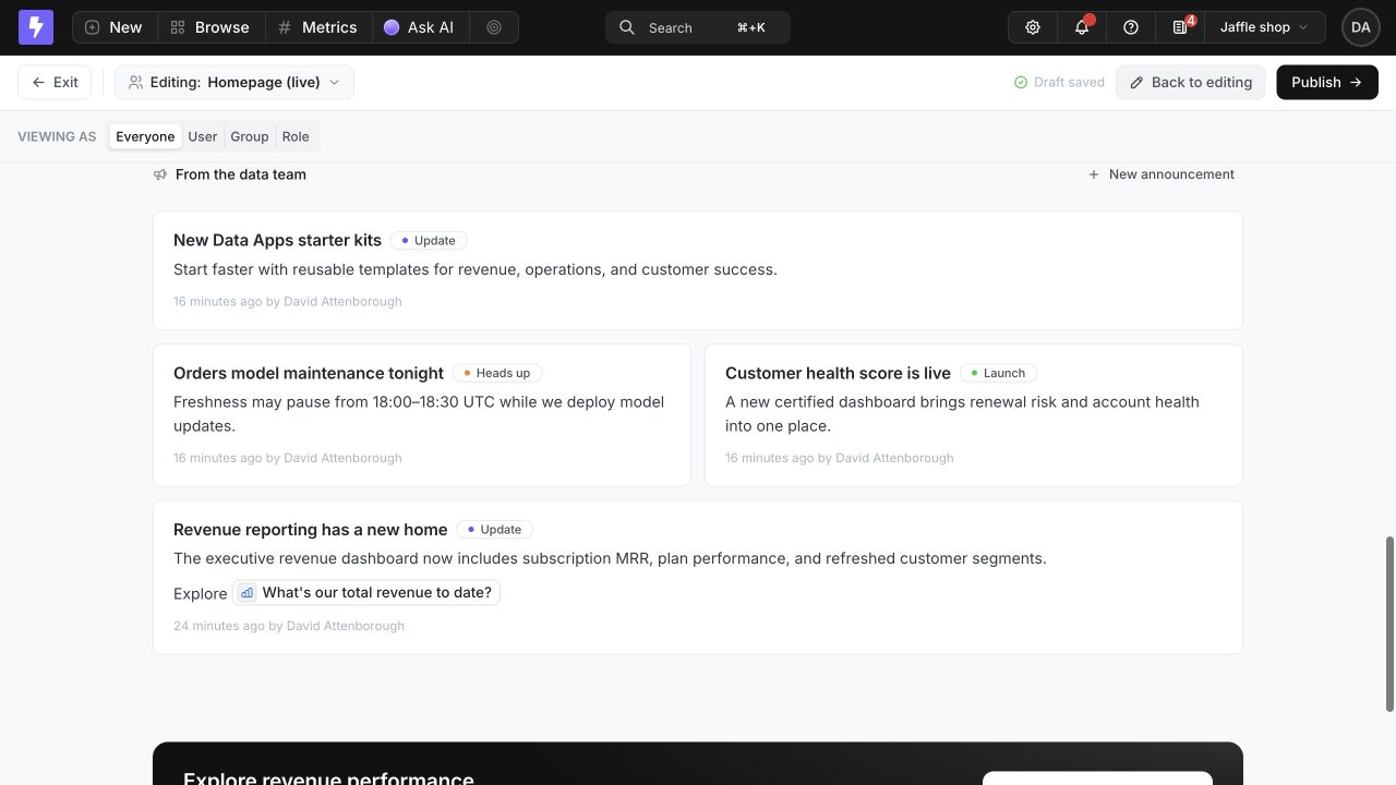 Homepage preview showing four published Data Announcements across Launch, Update, and Heads up categories, including a linked revenue chart mention