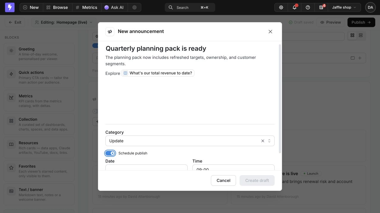 The Edit announcement dialog with a title, rich body, mentioned revenue chart, Update category, and scheduled publication controls