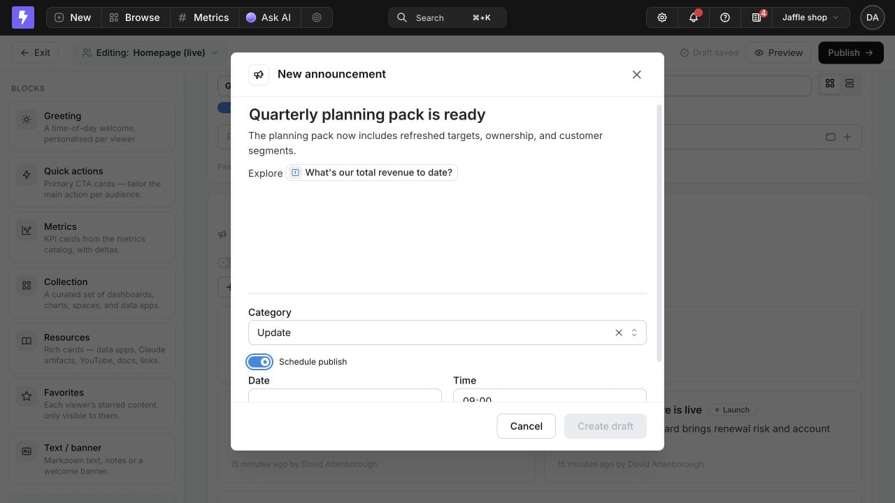 The Edit announcement dialog with a title, rich body, mentioned revenue chart, Update category, and scheduled publication controls