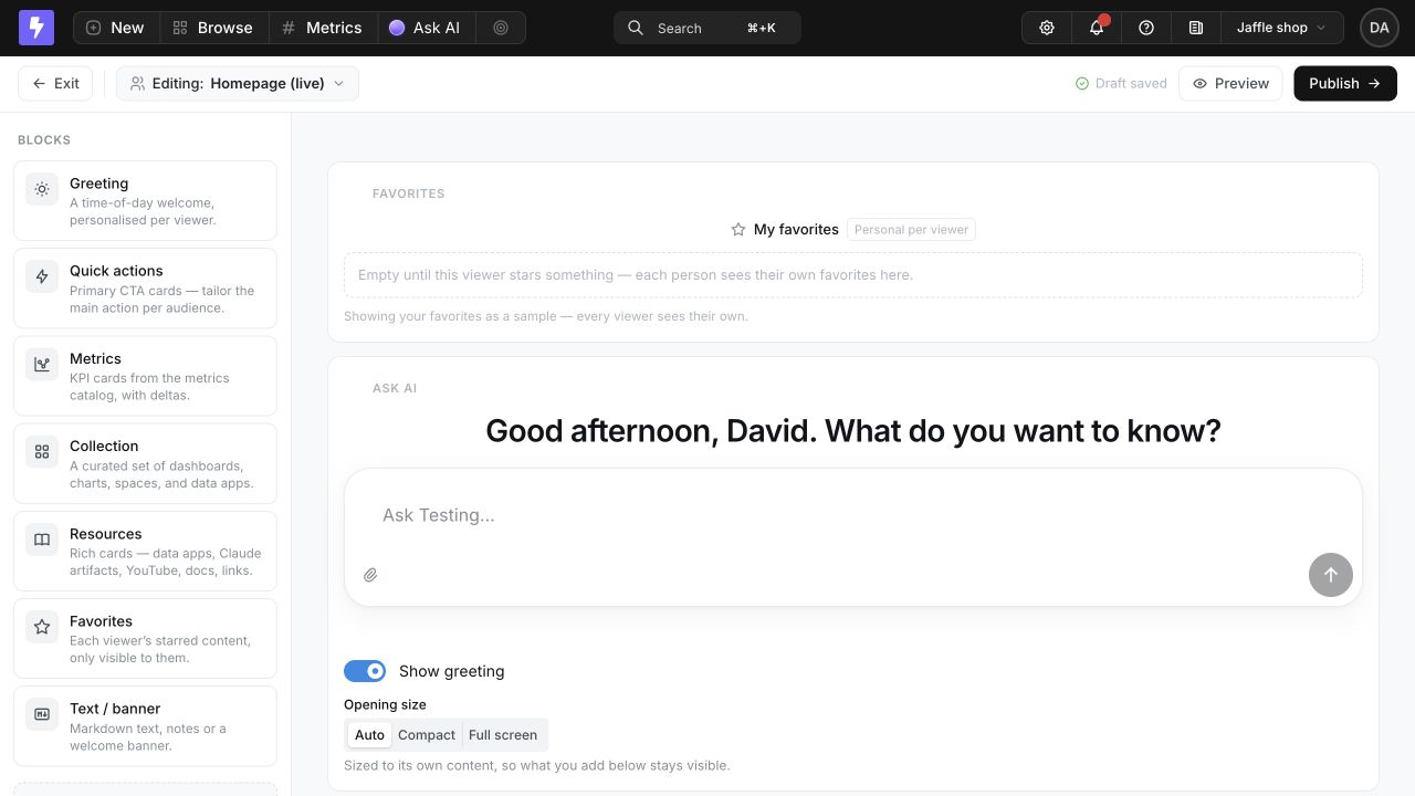 The Homepage builder with the block library on the left, a live editing canvas, draft status, Preview, and Publish controls
