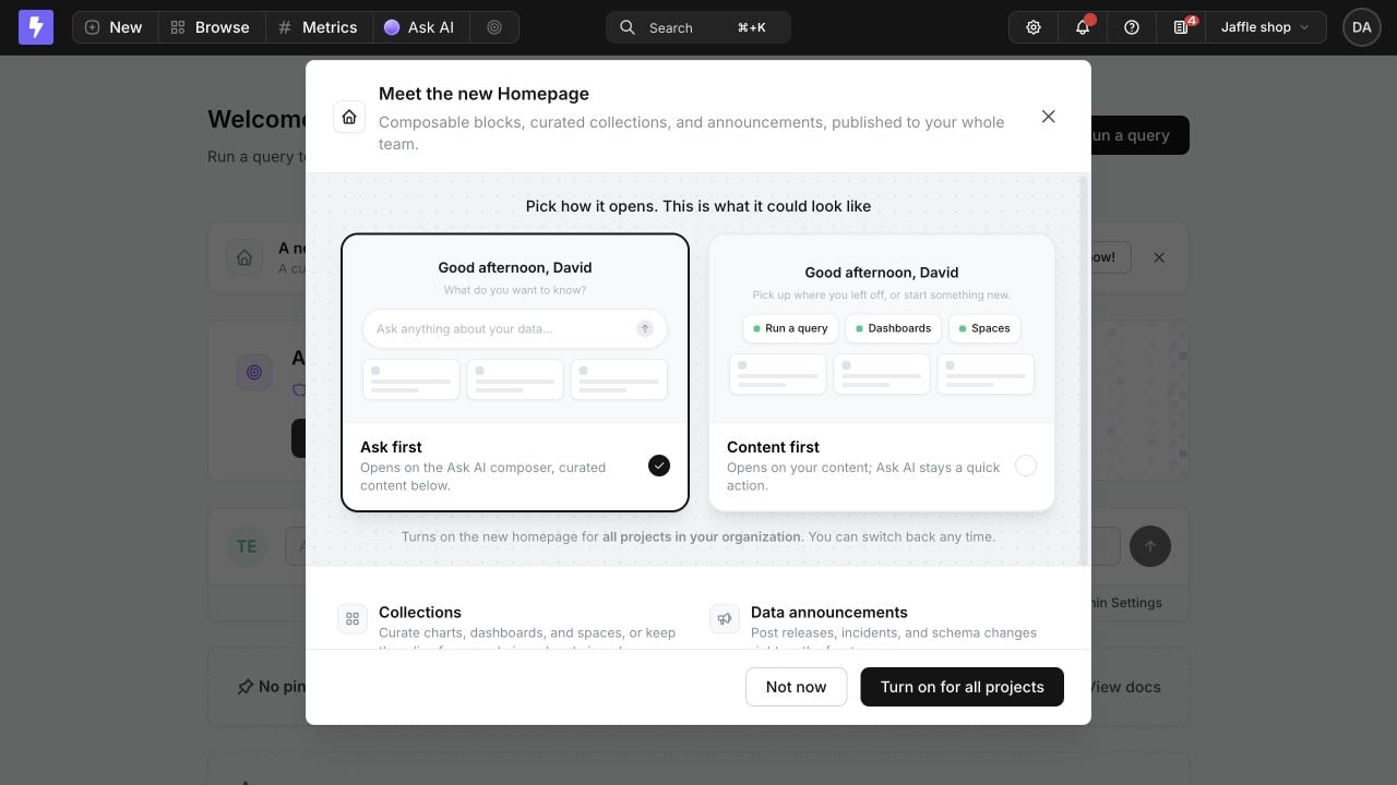The Meet the new Homepage modal comparing Ask first, which opens on the Ask AI composer, with Content first, which opens on a greeting and quick actions