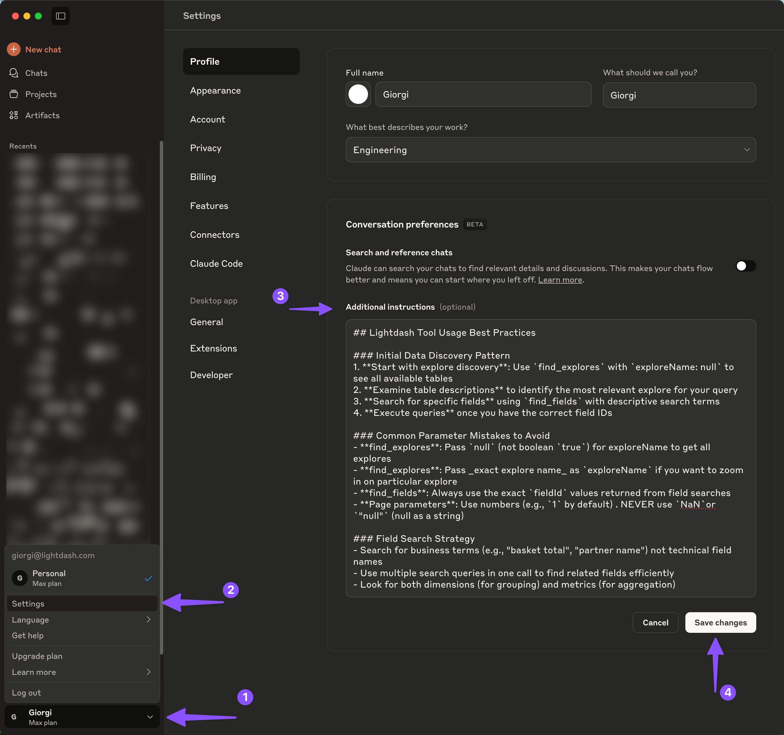 Setting up custom instructions for Lightdash MCP in Claude