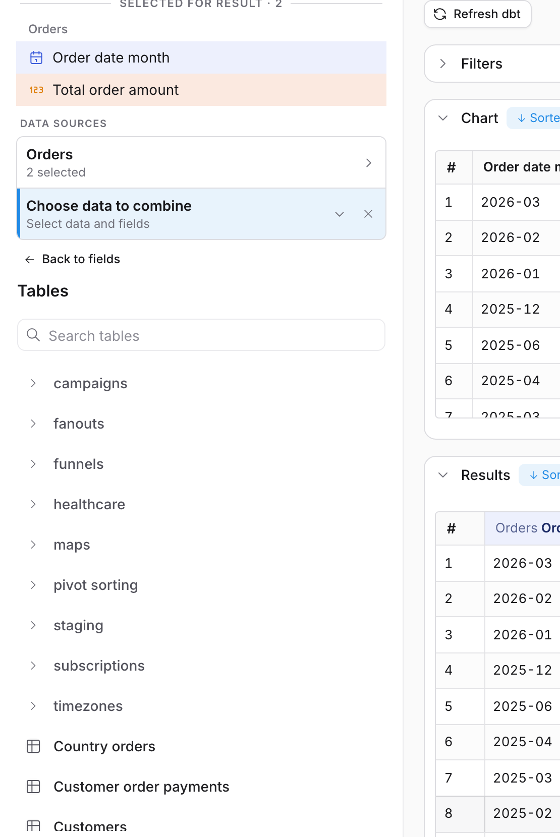 The Data sources panel listing Orders and a Choose data to combine card above a searchable table list