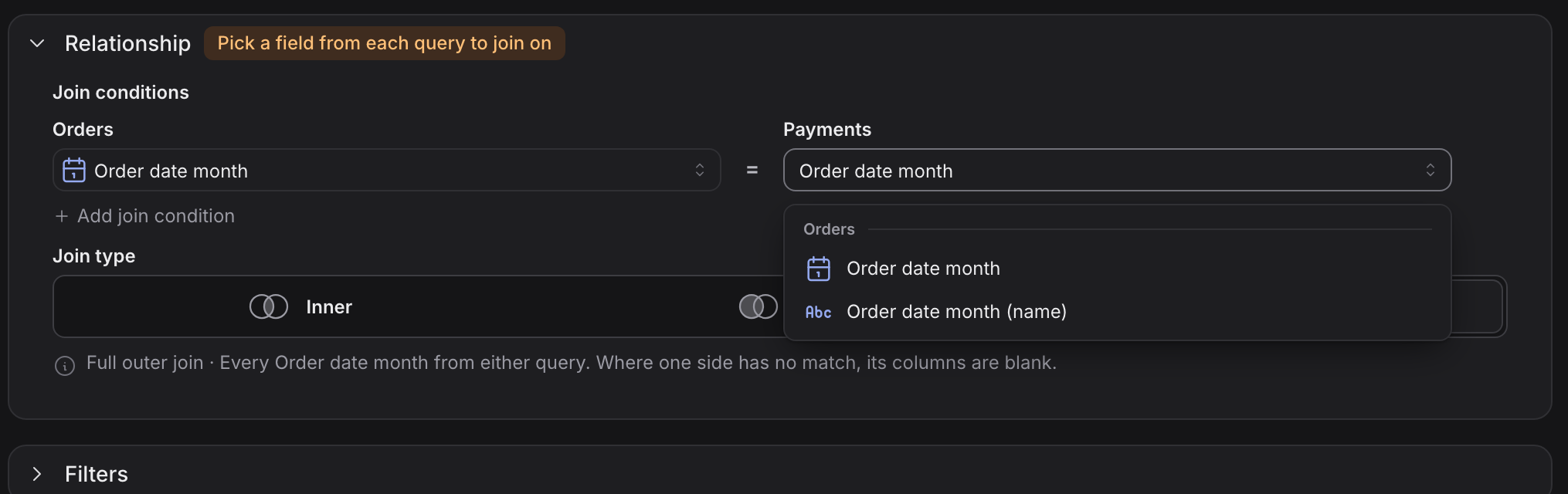 The Payments join field picker open, offering Order date month