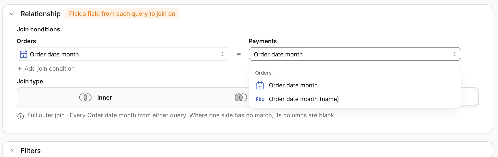 The Payments join field picker open, offering Order date month