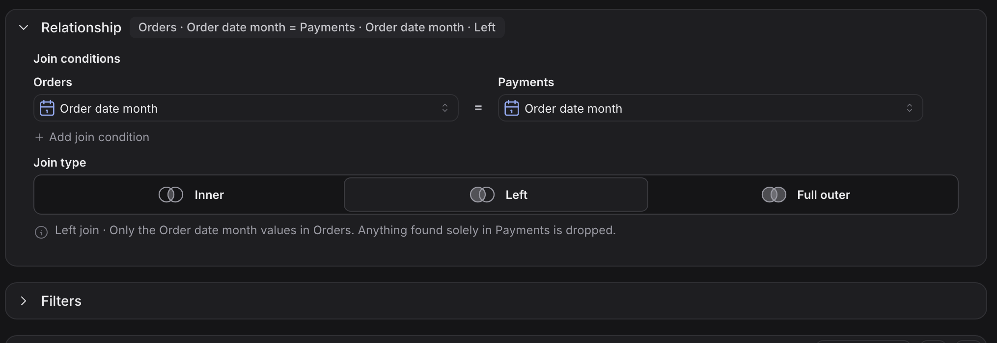 The Relationship card with both join fields set to Order date month and the Left join type selected