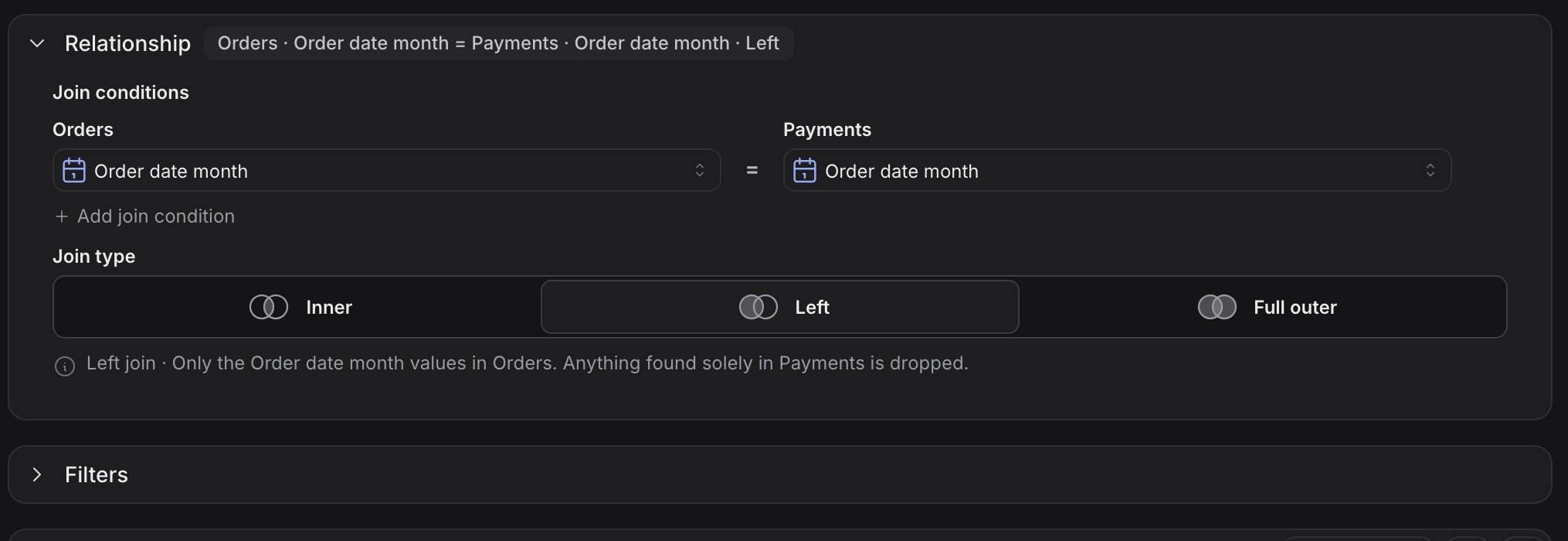 The Relationship card with both join fields set to Order date month and the Left join type selected