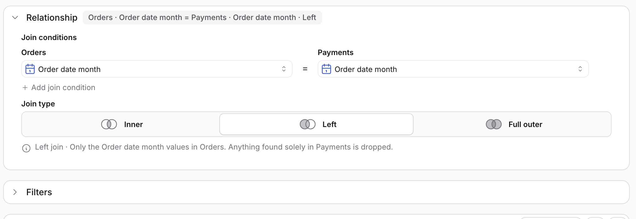 The Relationship card with both join fields set to Order date month and the Left join type selected