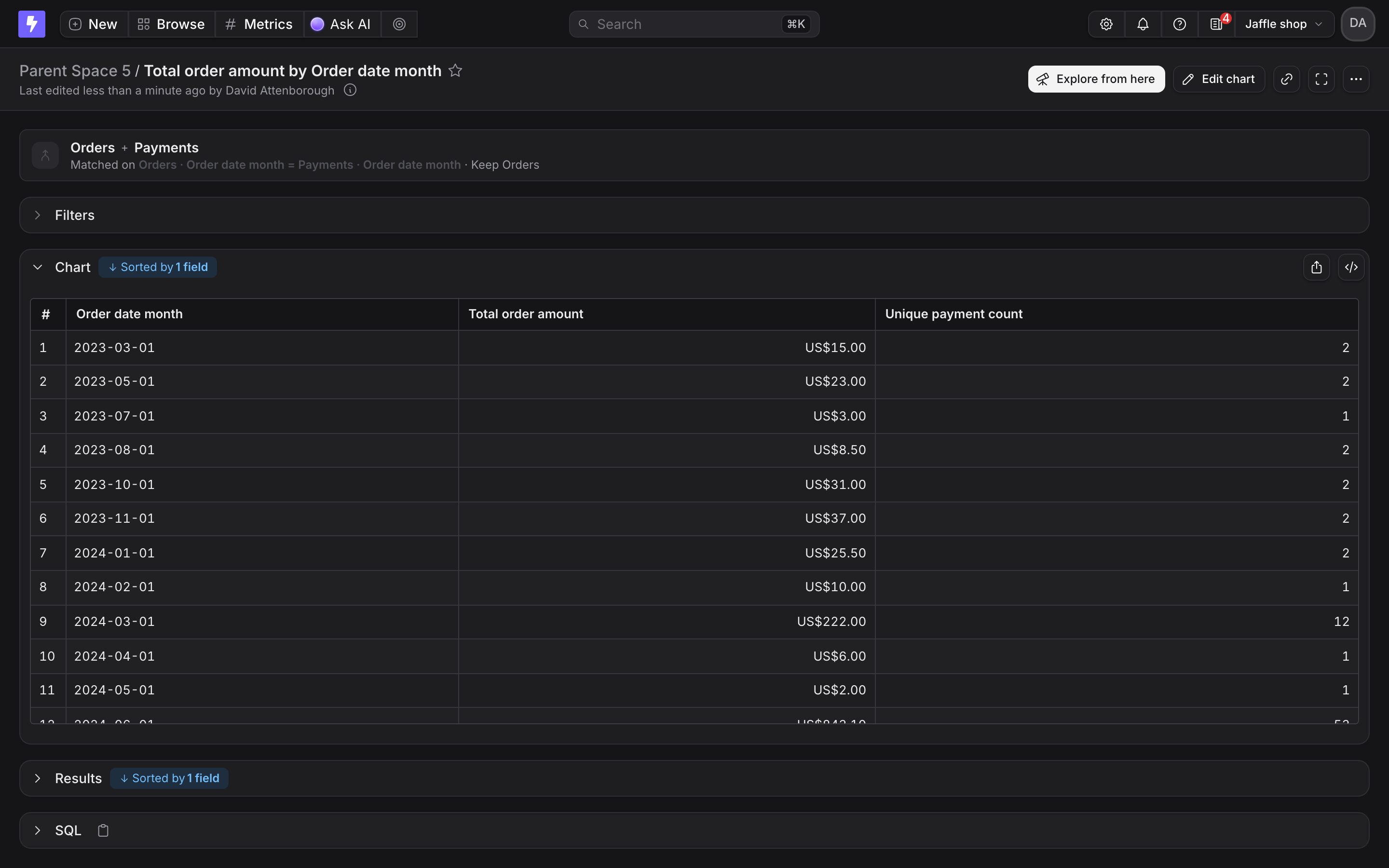 A saved merged chart with a header reading Orders + Payments, matched on Order date month