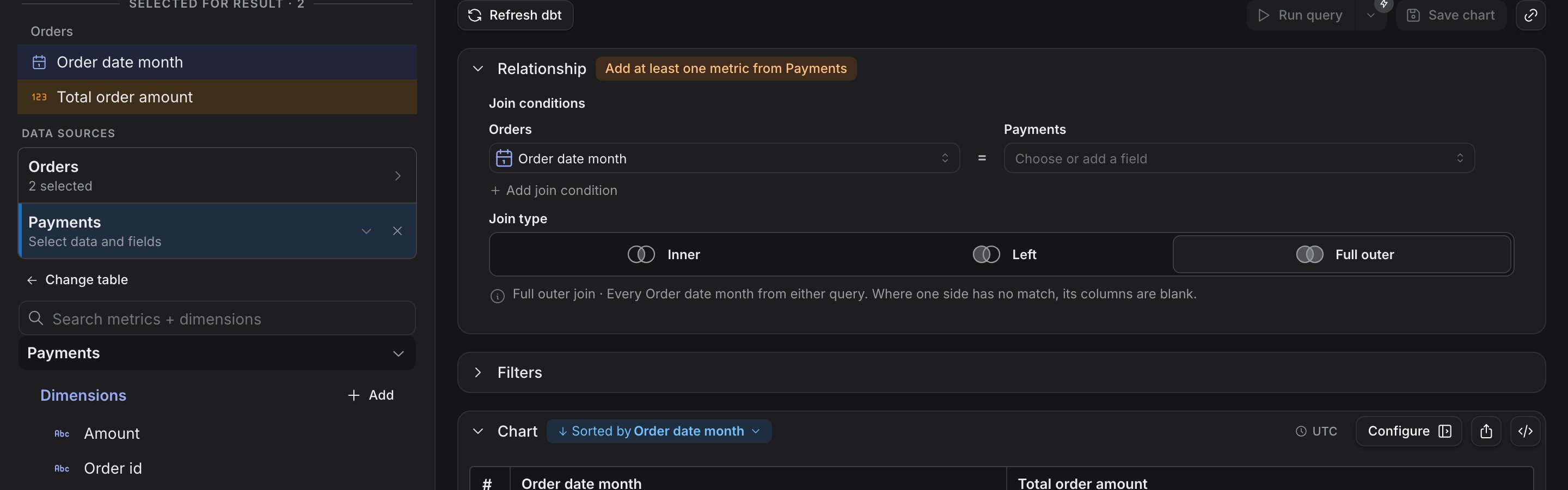 Payments chosen as the second source, with the Relationship card asking for at least one metric from Payments