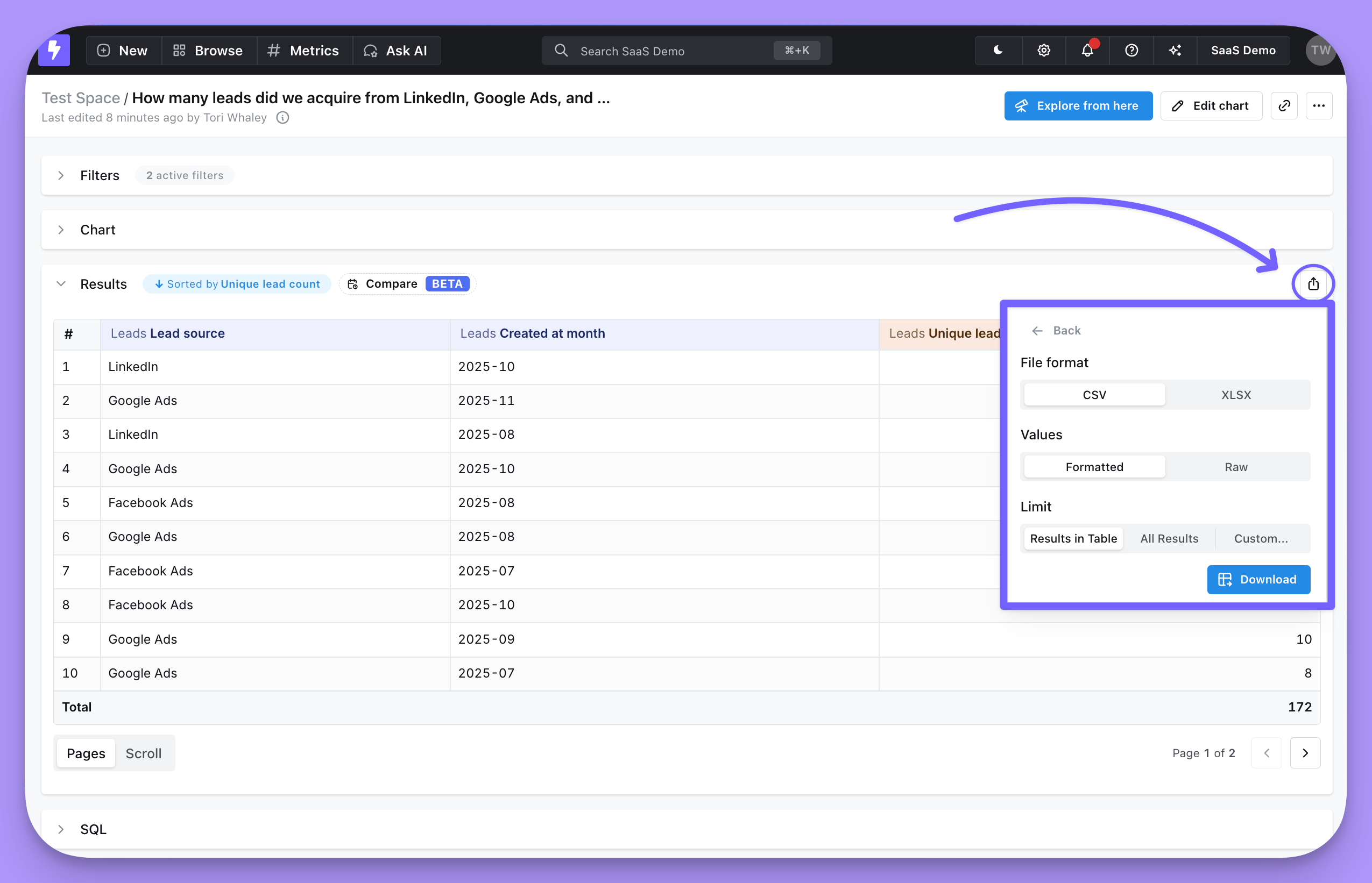 The results table export menu