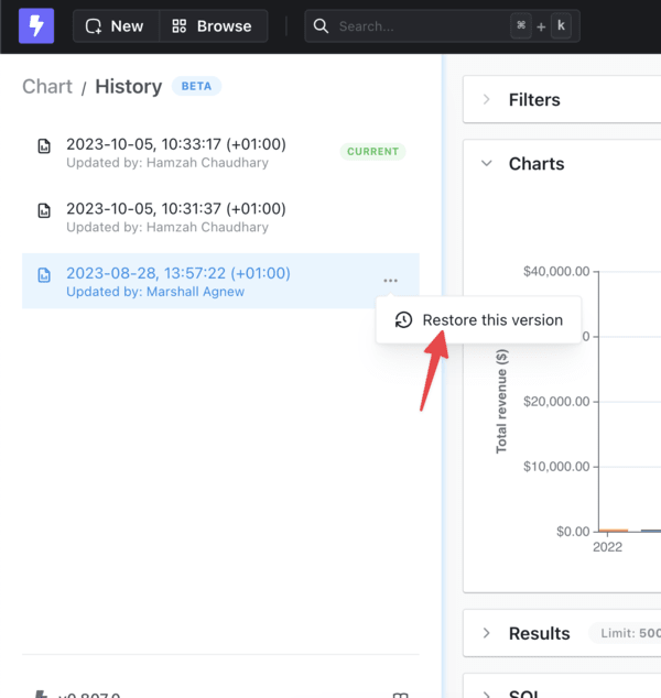 The three-dot menu open next to a version in the history list, with the option to restore the chart to it