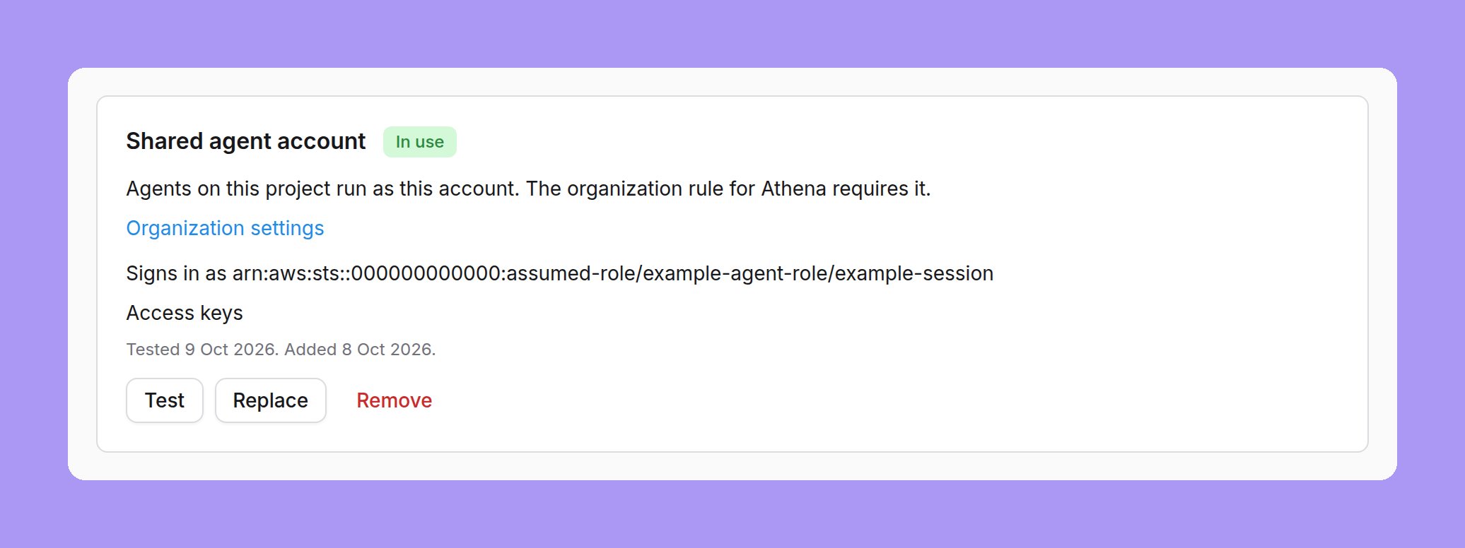 The shared agent account card on an Athena project, marked In use: Agents on this project run as this account. The organization rule for Athena requires it, an Organization settings link, Signs in as followed by an assumed-role ARN, Access keys, Tested 9 Oct 2026. Added 8 Oct 2026, and Test, Replace and Remove buttons