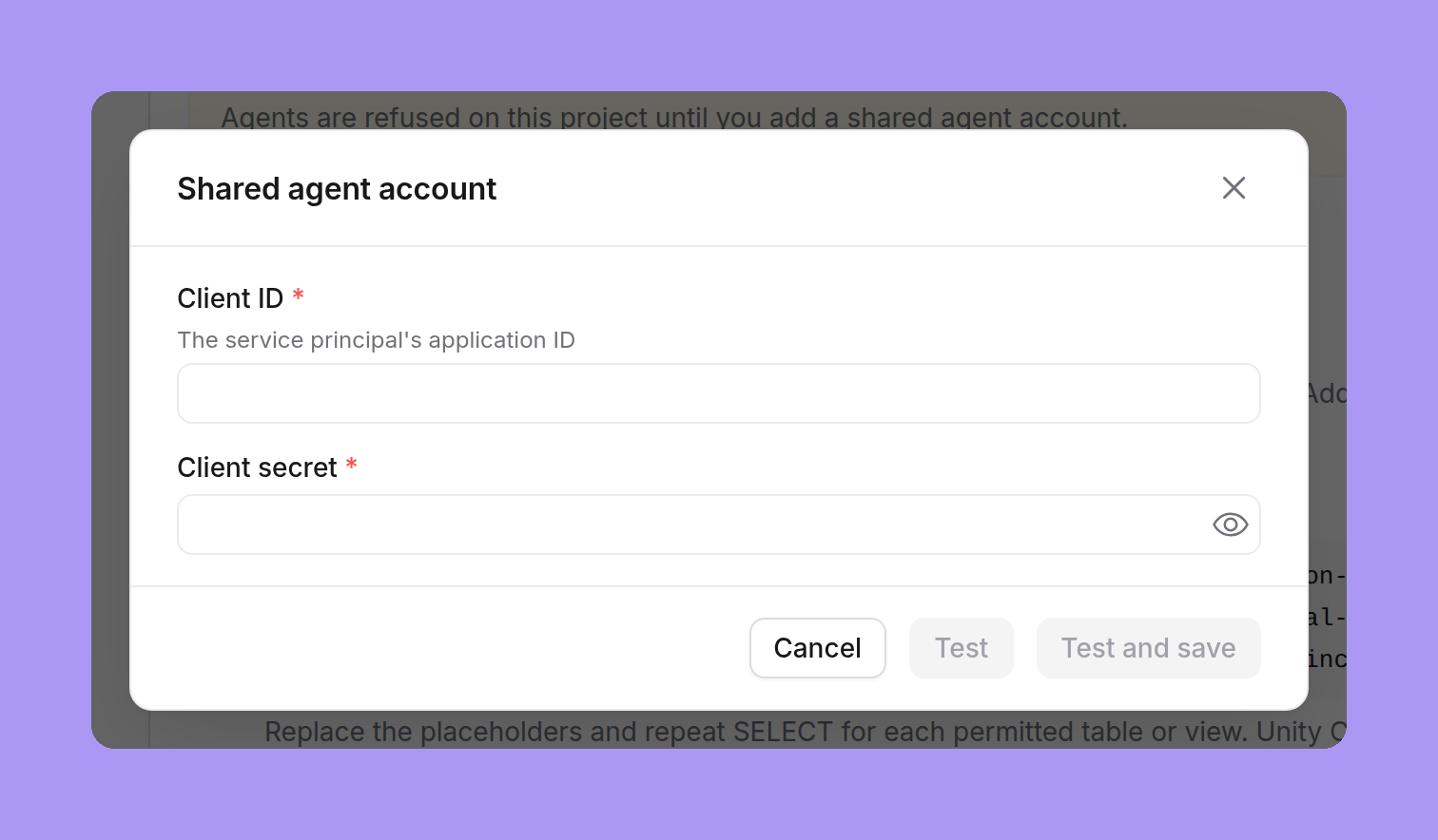 The shared agent account form with Client ID and Client secret fields and Cancel, Test and Test and save buttons