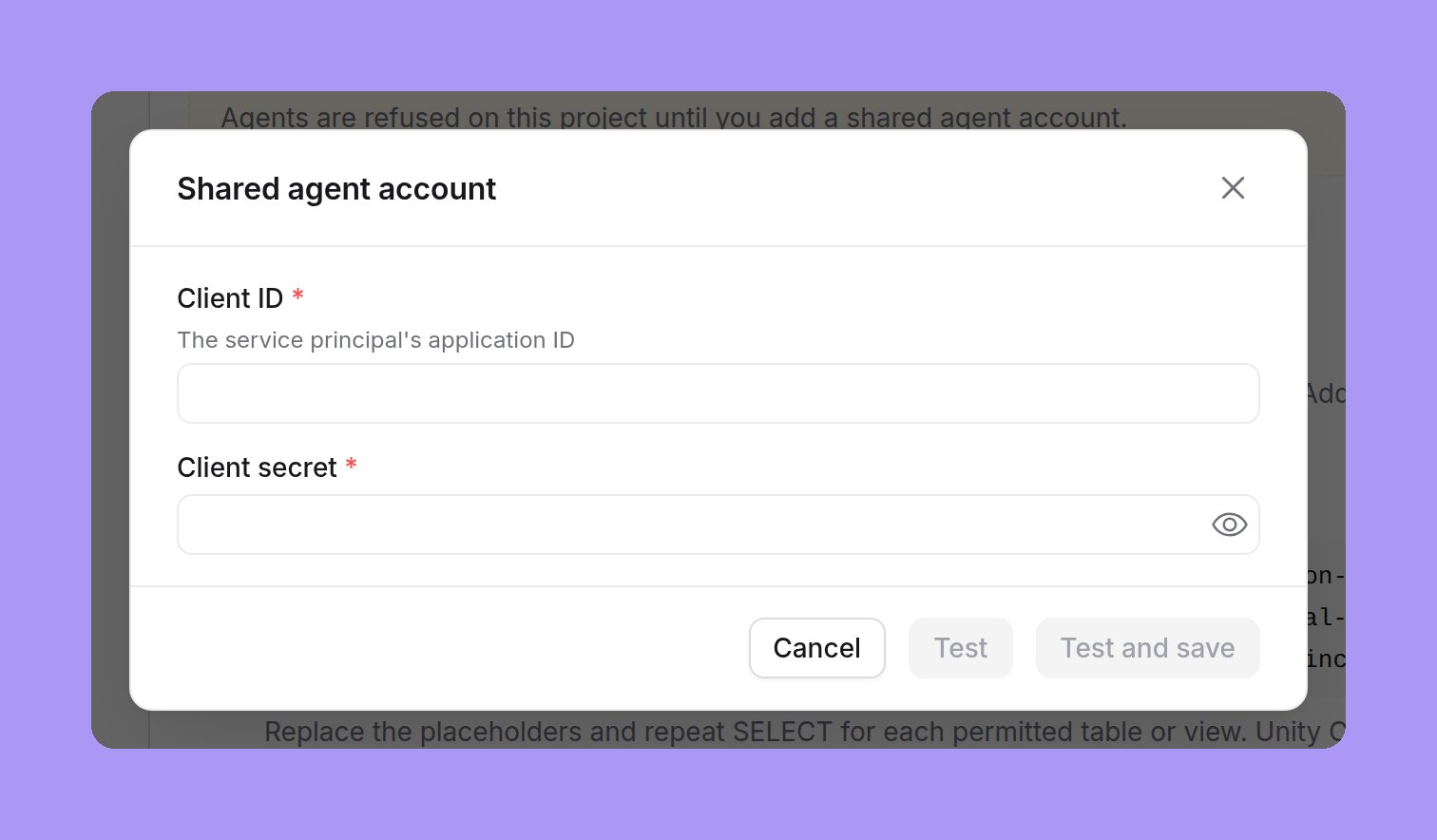 The shared agent account form with Client ID and Client secret fields and Cancel, Test and Test and save buttons