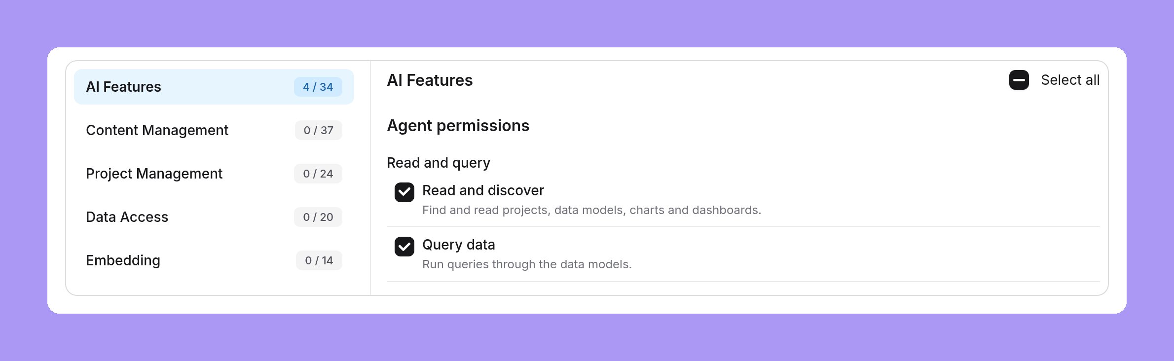 The custom role editor with the AI Features section open and the Agent permissions group, with Read and discover and Query data checked under Read and query