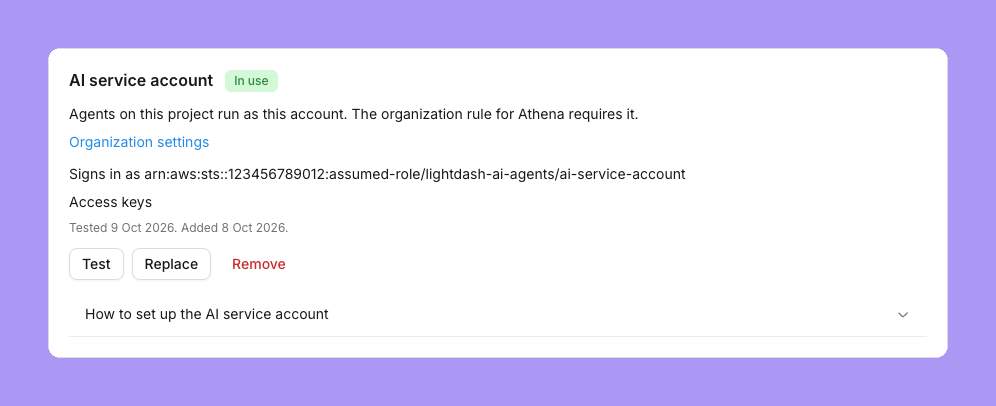 The shared agent account card on an Athena project, marked In use: Agents on this project run as this account. The organization rule for Athena requires it, an Organization settings link, Signs in as followed by an assumed-role ARN, Access keys, Tested 9 Oct 2026. Added 8 Oct 2026, and Test, Replace and Remove buttons