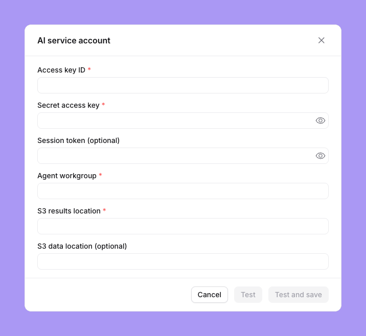 The shared agent account form for Athena with Access key ID, Secret access key, Session token (optional), Agent workgroup, S3 results location and S3 data location (optional) fields, and Cancel, Test and Test and save buttons