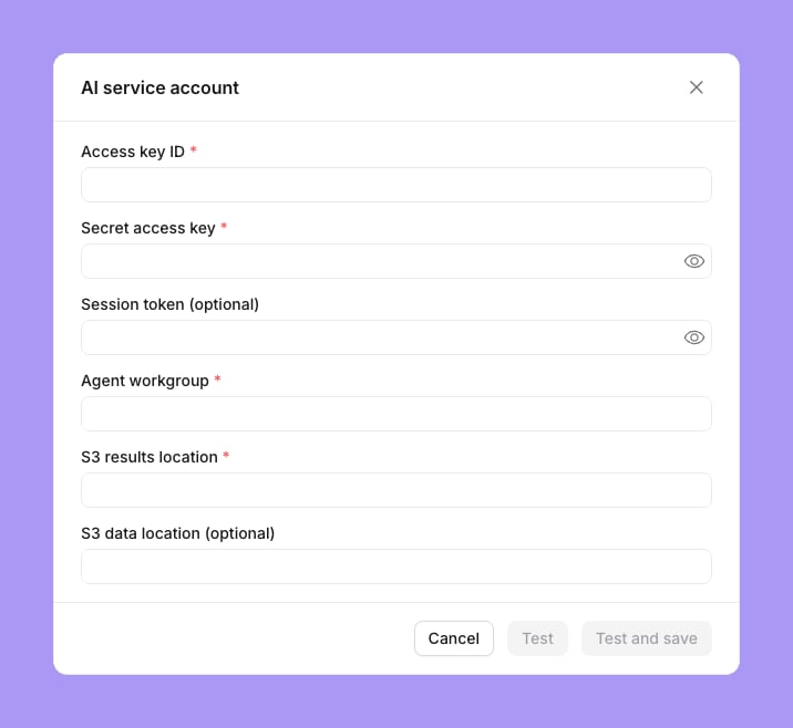 The shared agent account form for Athena with Access key ID, Secret access key, Session token (optional), Agent workgroup, S3 results location and S3 data location (optional) fields, and Cancel, Test and Test and save buttons