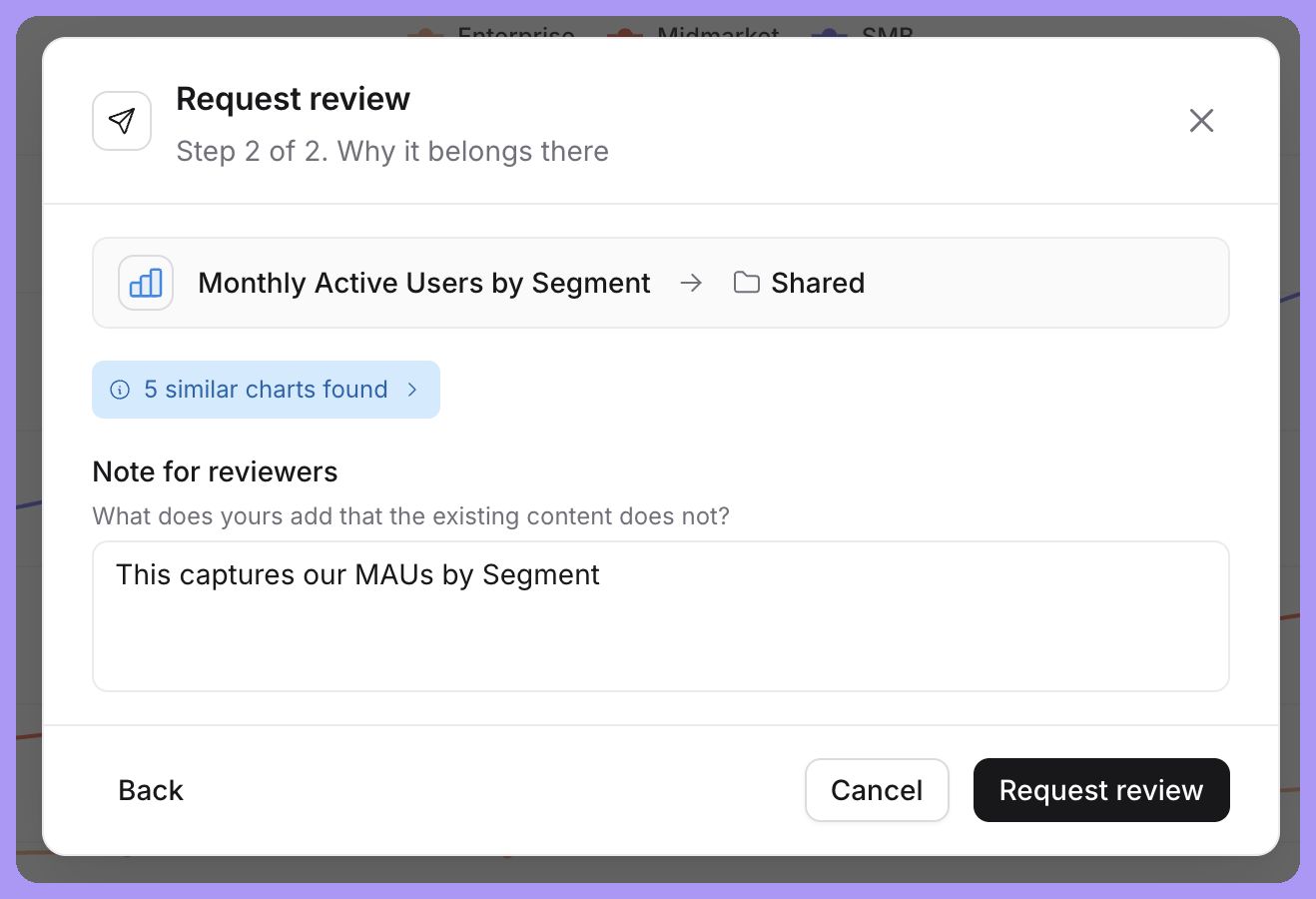 Similar charts found nudge inside the request review modal, listing existing content that may already answer the same question