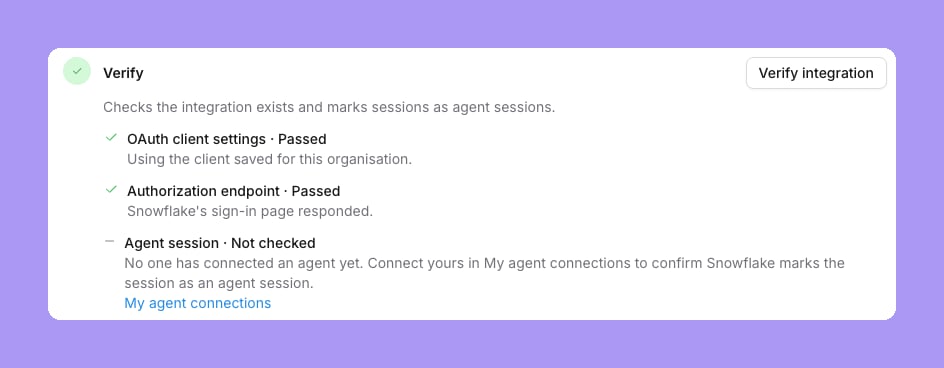 Verify results: OAuth client settings Passed, Using the client saved for this organisation; Authorization endpoint Passed, Snowflake's sign-in page responded; Agent session Not checked, with a My agent identity link