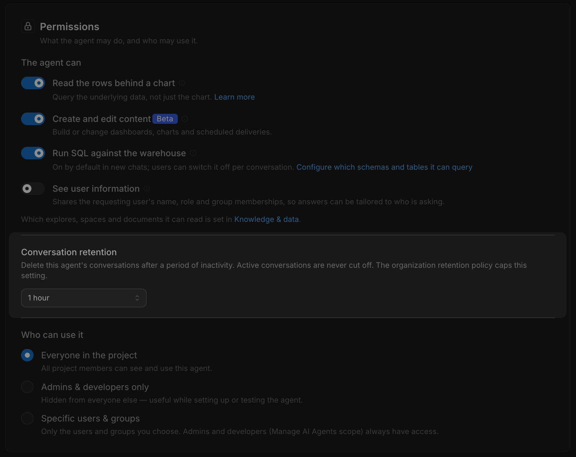Conversation retention setting in the agent's Permissions section