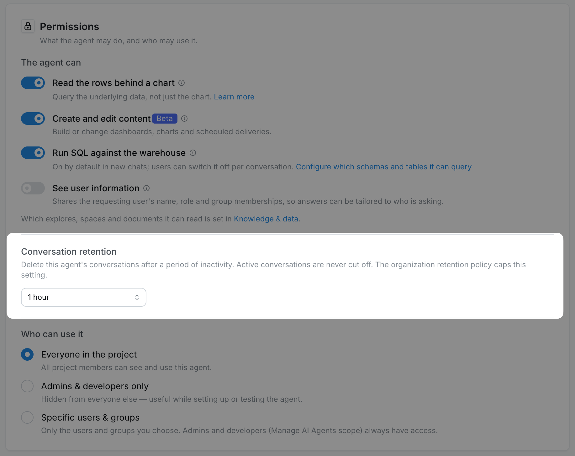 Conversation retention setting in the agent's Permissions section