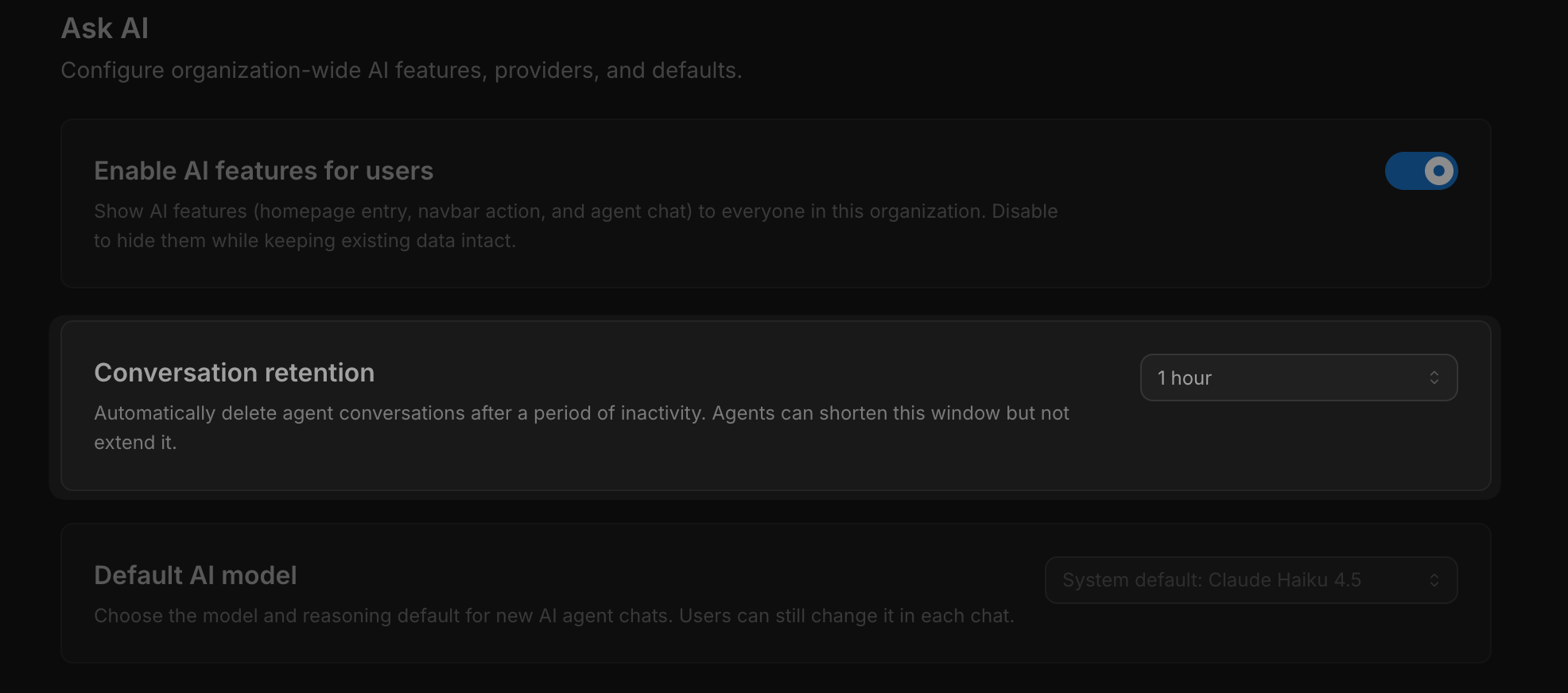 Conversation retention setting in the organization Ask AI settings
