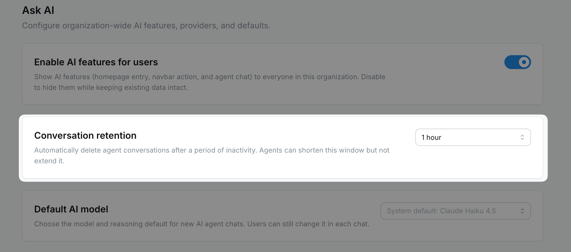 Conversation retention setting in the organization Ask AI settings