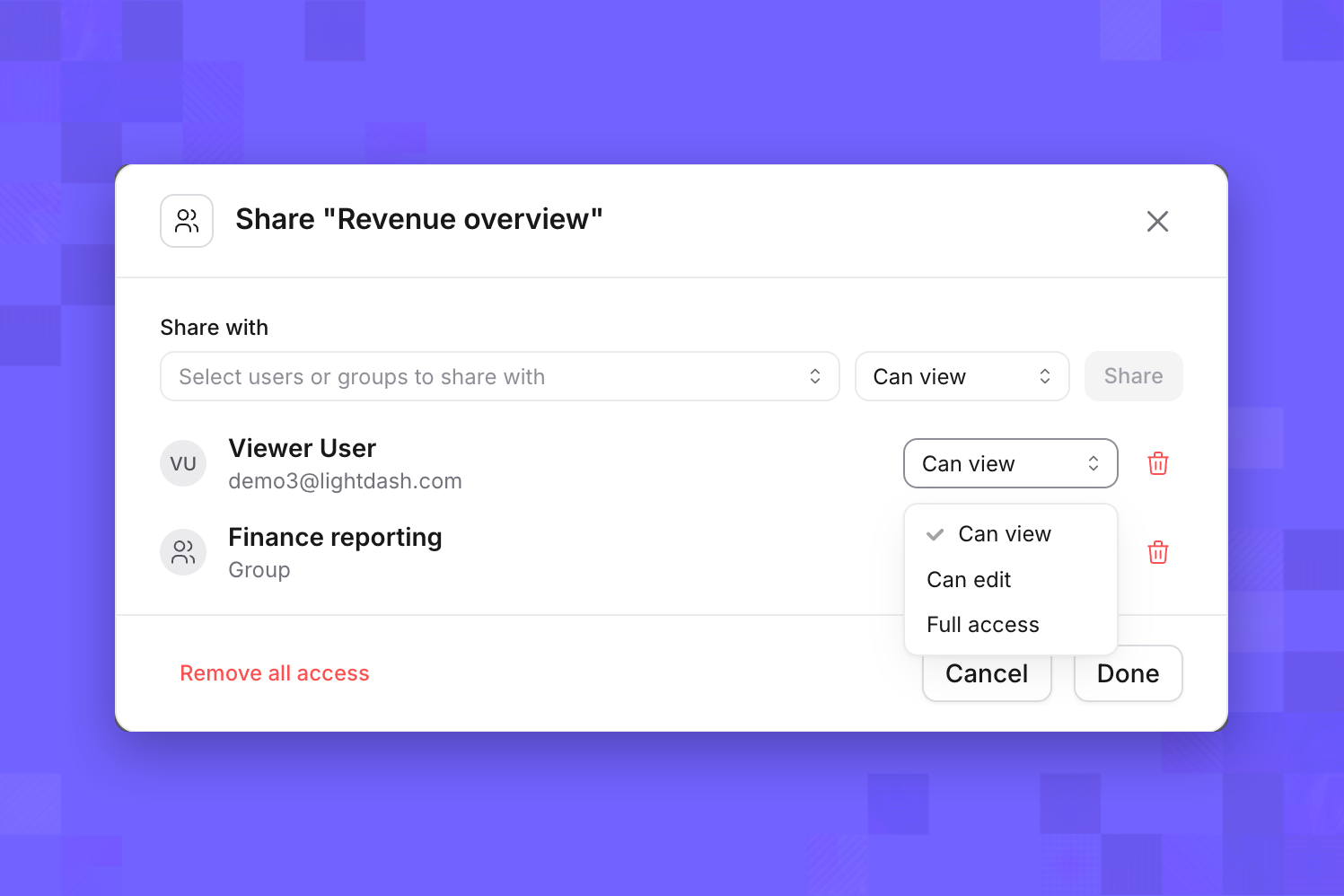 Role dropdown beside Viewer User offering Can view, Can edit, and Full access